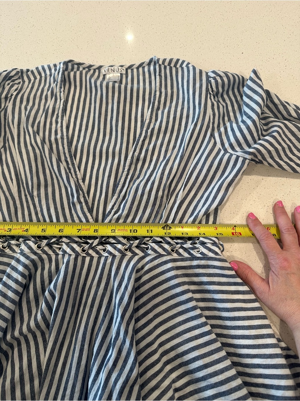 VENUS Navy & White Striped V-Neck Peplum Blouse FITS LIKE A 6 - Picture 5 of 13